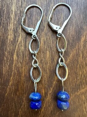 GENUINE LAPIS LAZULI EARRING SET STERLING SILVER CHAIN ARTISAN CRAFTED 2” drop
